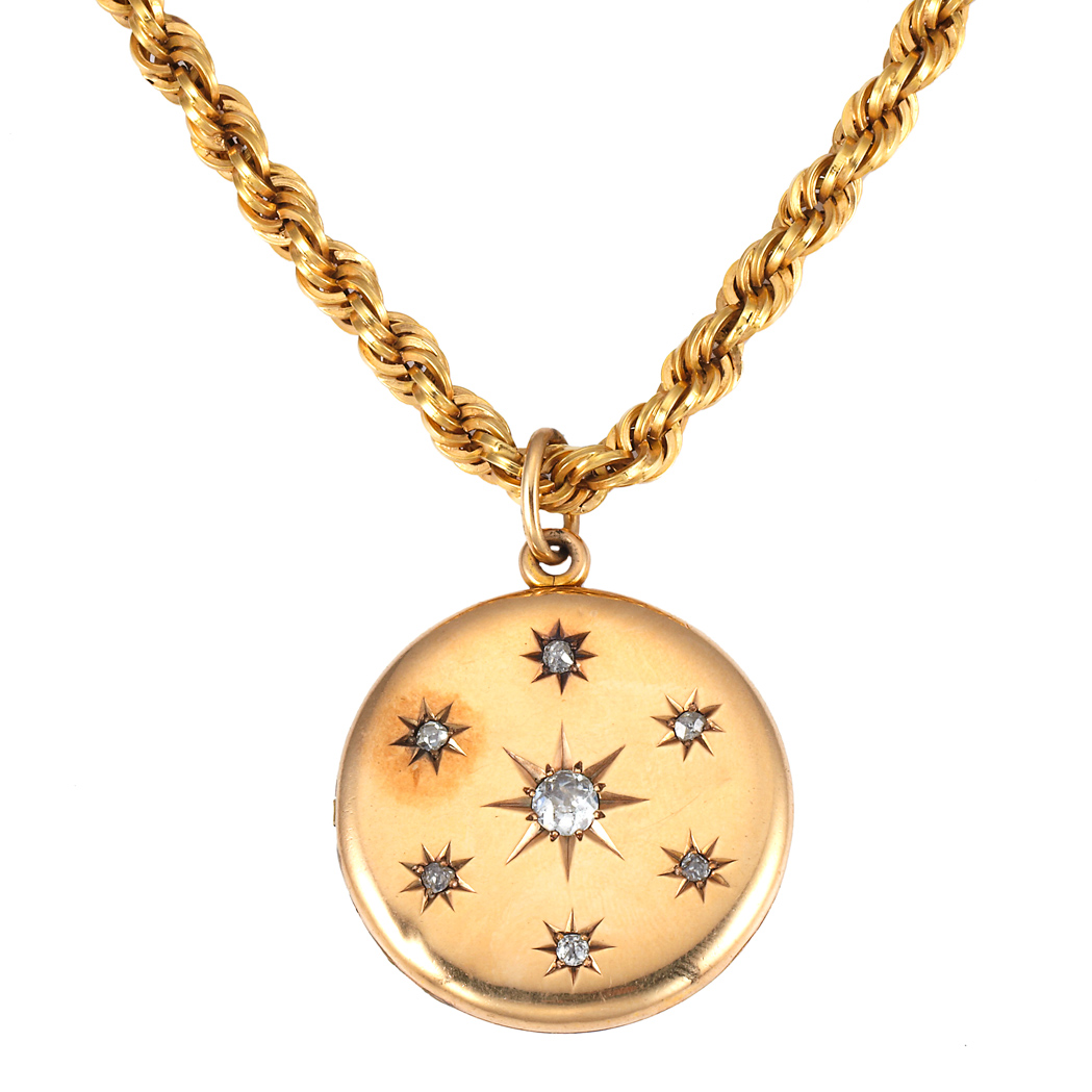 Appraisal: Gold-Filled and Diamond Locket with Gold Rope Chain diamonds ap