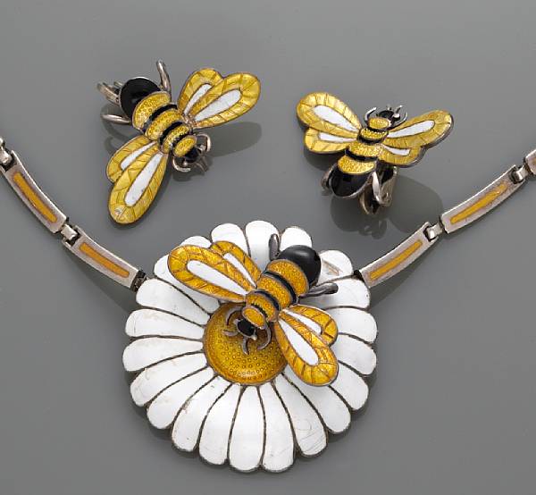 Appraisal: A suite of enamel jewelry Margot de Taxco of honey