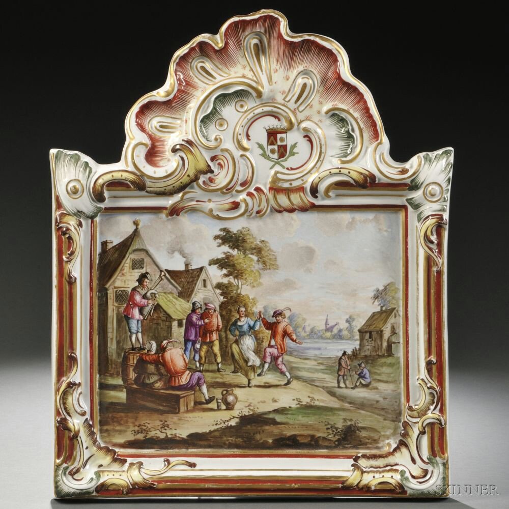 Appraisal: French Hand-painted Earthenware Plaque th century polychrome enamel-decorated the shell-shaped