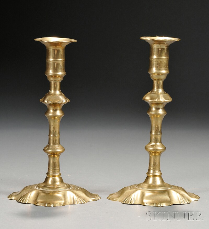 Appraisal: Pair of Queen Anne Brass Shell-base Candlesticks England c each