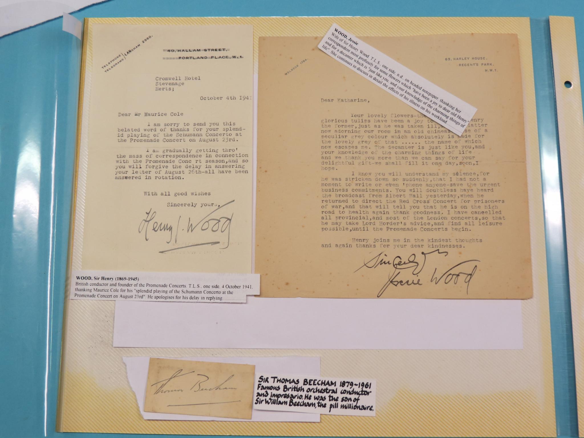 Appraisal: Sir Henry Wood - - signed letter Conductor and founder