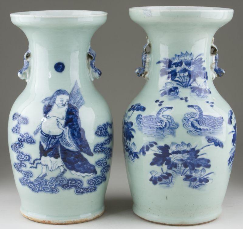 Appraisal: Two Chinese Celadon and Blue Porcelain Vases unmarked late th