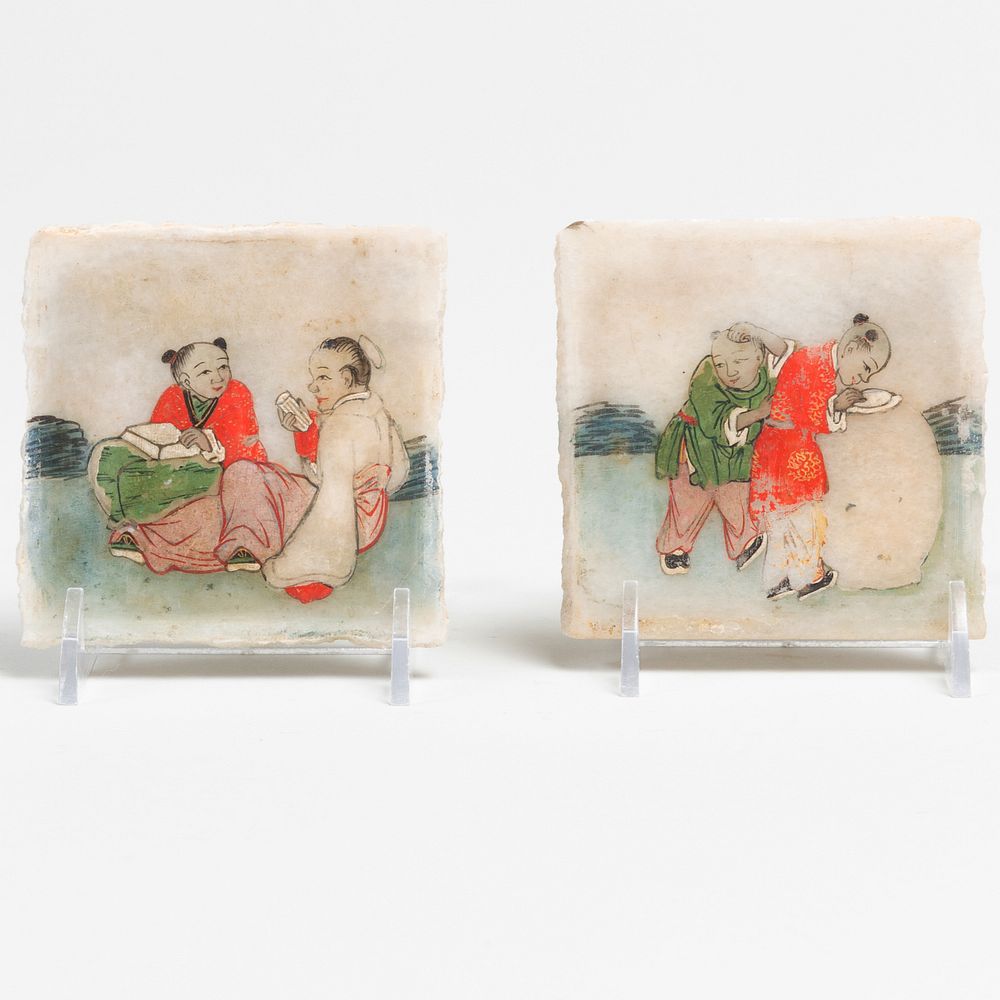 Appraisal: Pair of Chinese Painted Marble Decorated with Children Playing and