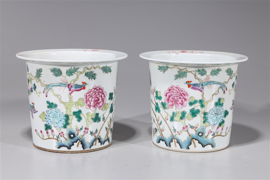 Appraisal: Pair of Chinese famille rose enameled porcelain planters with flowers