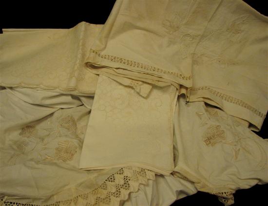 Appraisal: White linens with embroidery sheets and pillow cases as found