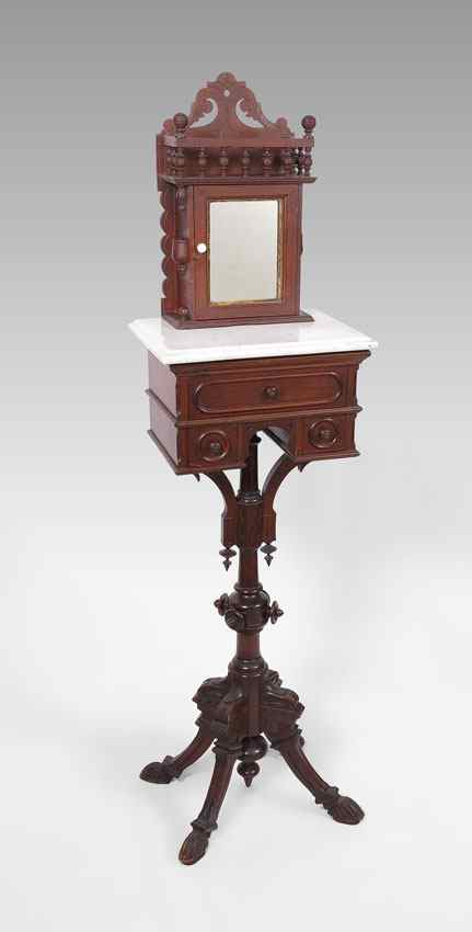 Appraisal: CARVED EASTLAKE MARBLE TOP SHAVING STAND MIRROR White marble top