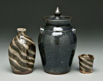 Appraisal: Three pieces B B Craig stoneware lidded jar glossy blue