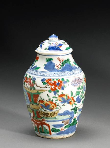 Appraisal: A wucai enameled porcelain covered jar Transitional Period Of simple