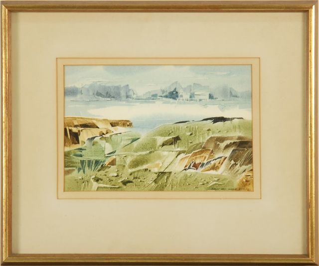 Appraisal: ROBERT ERIC MOOREMaine b Beach and harbor scene with houses