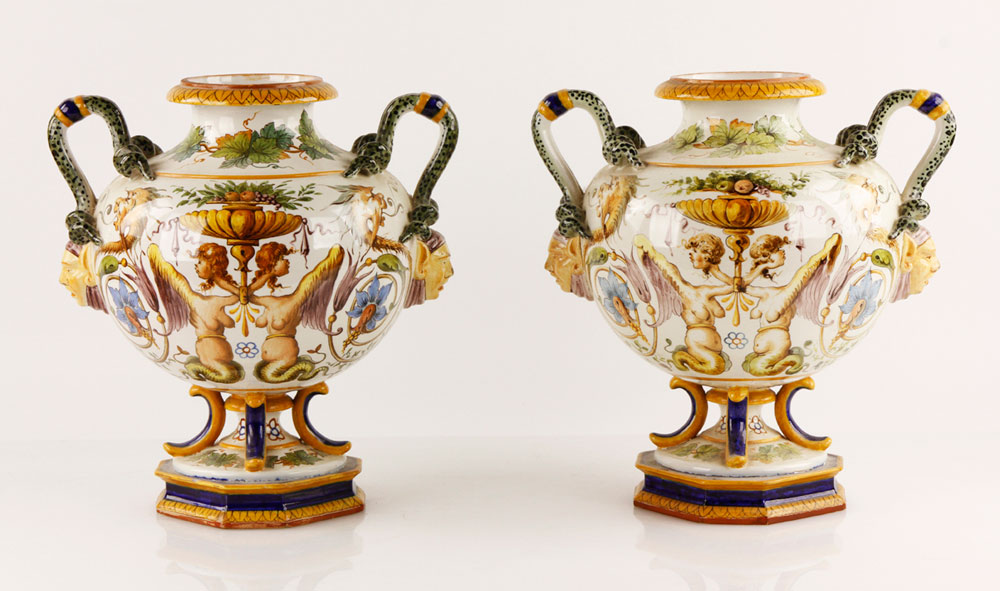 Appraisal: - Pr Ginori Majolica Handled Urns Pair of Ginori majolica