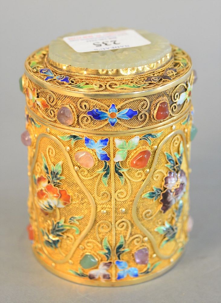 Appraisal: Chinese silver filigree covered box mounted stones and enamel top