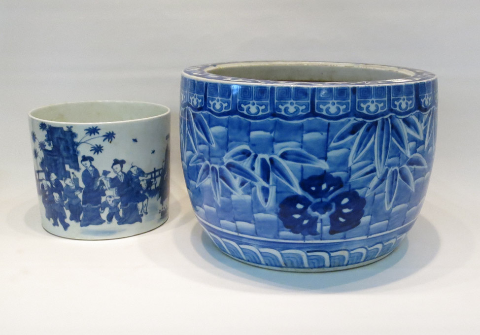 Appraisal: TWO CHINESE BLUE AND WHITE PORCELAIN VESSELS jardiniere with bamboo