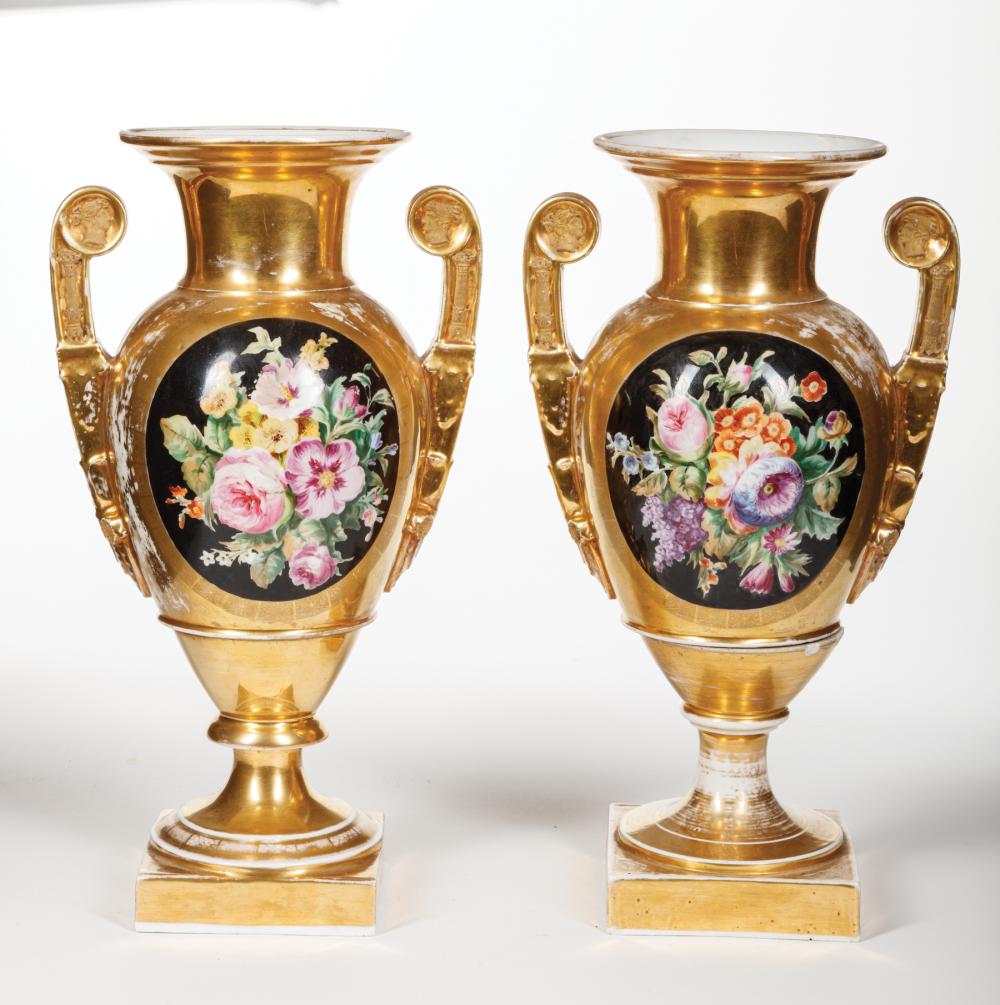 Appraisal: Pair of Paris Gilt and Polychrome Porcelain Urns th c