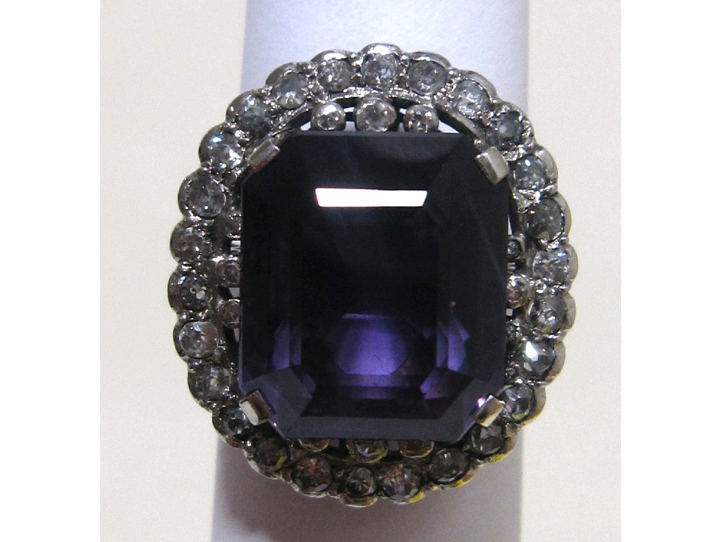 Appraisal: Platinum amethyst and diamond cluster ring with large cushion cut