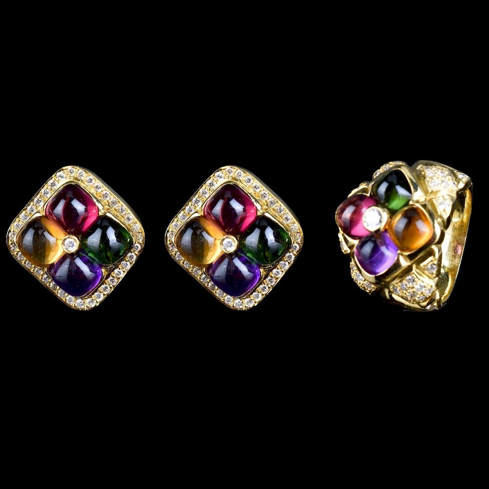 Appraisal: Gemstone and K Earrings and Ring Vintage Multi Gemstone Diamond