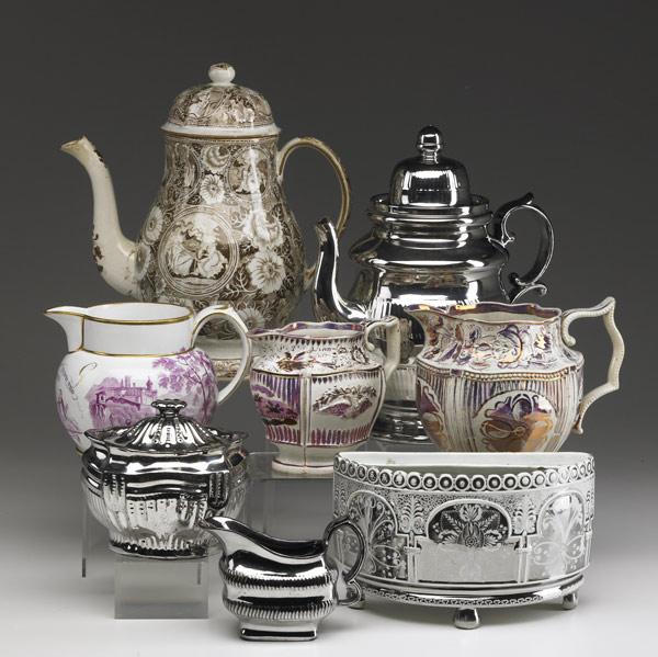 Appraisal: ENGLISH CERAMICS Seven pieces include Staffordshire teapot two pink lustre