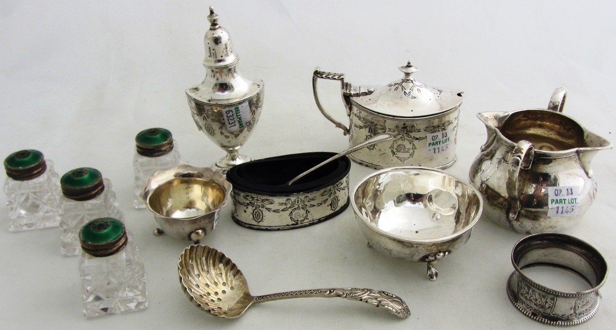 Appraisal: Silver comprising an oval mustard pot with engraved decoration Sheffield