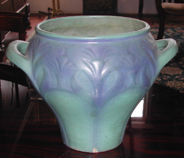 Appraisal: Large Van Briggle Pottery Blue-Green Vellum-Glazed Two-Handled Vase in bas-relief