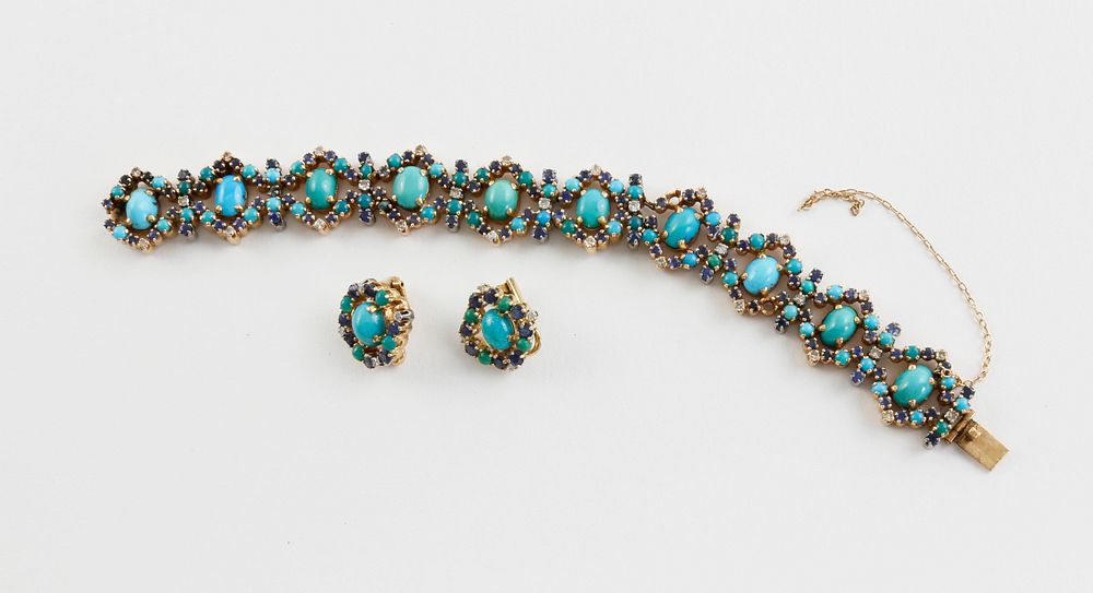 Appraisal: k Yellow Gold and Persian Turquoise Sapphire and Diamond Bracelet