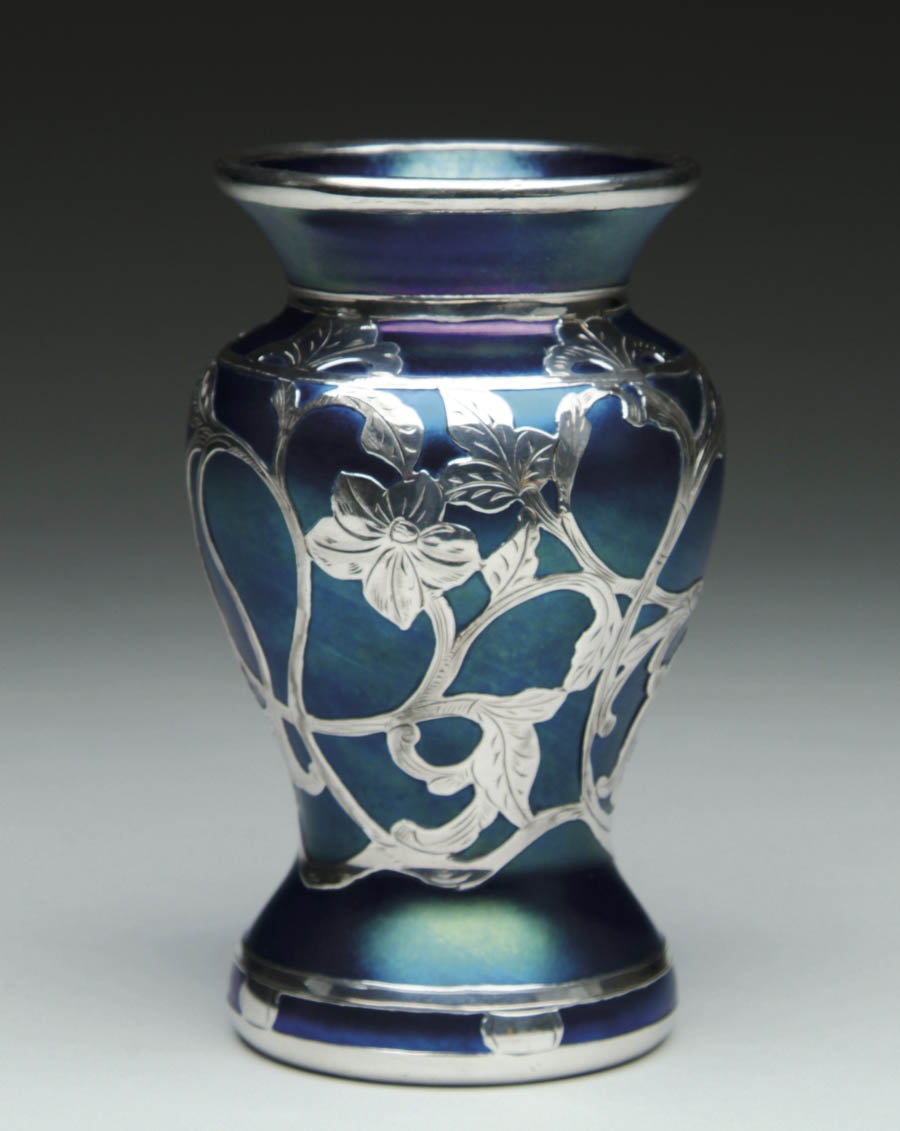 Appraisal: LOETZ SILVER OVERLAY VASE Wonderful Loetz vase has blue iridescence