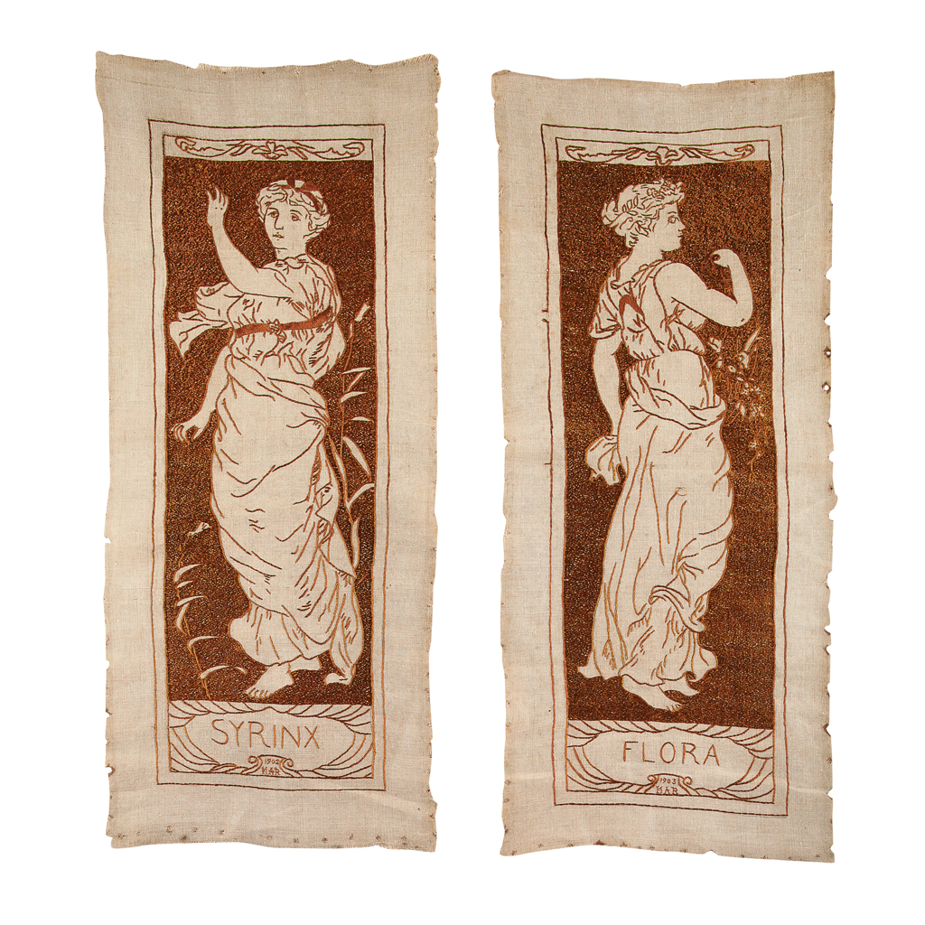 Appraisal: ART NOUVEAU PAIR OF SCOTTISH SEWN-WORK PICTURES DATED AND depicting