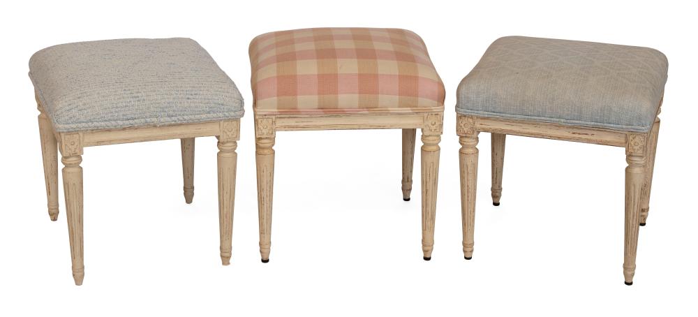 Appraisal: THREE FRENCH PROVINCIAL-STYLE FOOT STOOLS TH CENTURY HEIGHTS SEATS X