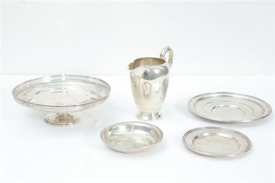 Appraisal: FIVE PIECES OF STERLING SILVER A pitcher h Two plates