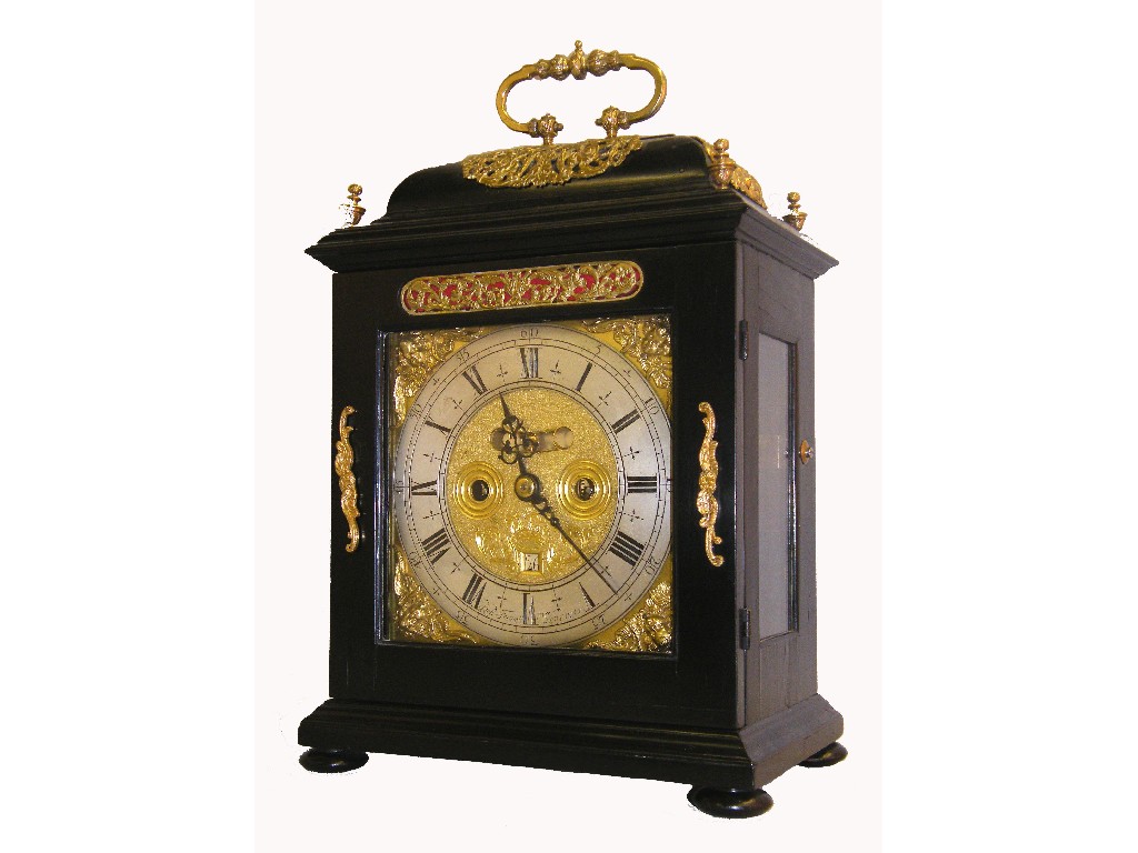 Appraisal: English ebonised and ormolu mounted double fusee bracket clock the