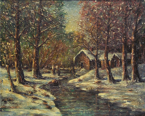 Appraisal: Ray Jones American th c winter's snowfall oil on canvas