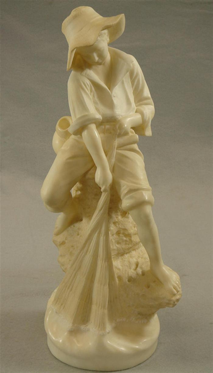 Appraisal: Carved alabaster sculpture of a boy with fishing net tall