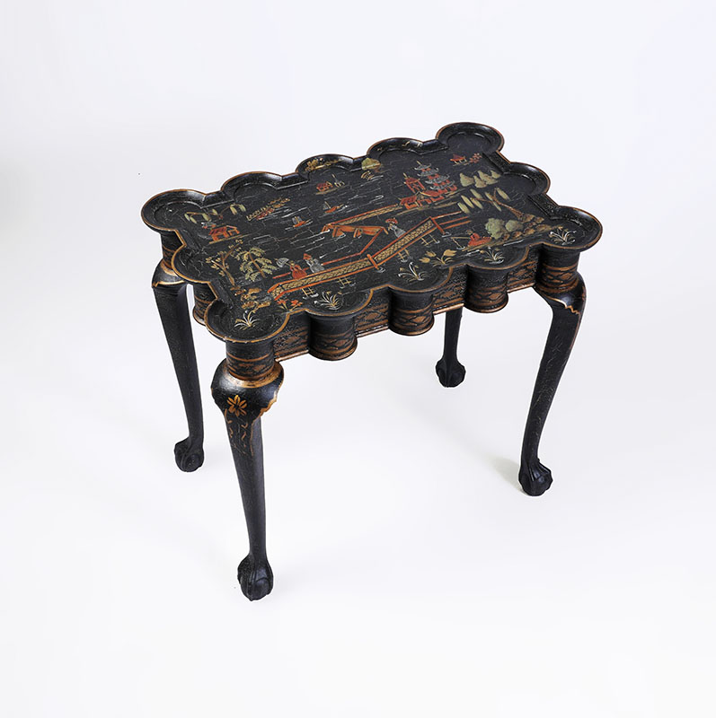 Appraisal: QUEEN ANNE STYLE CHINOISERIE TURRET TABLE Scalloped edge top hand