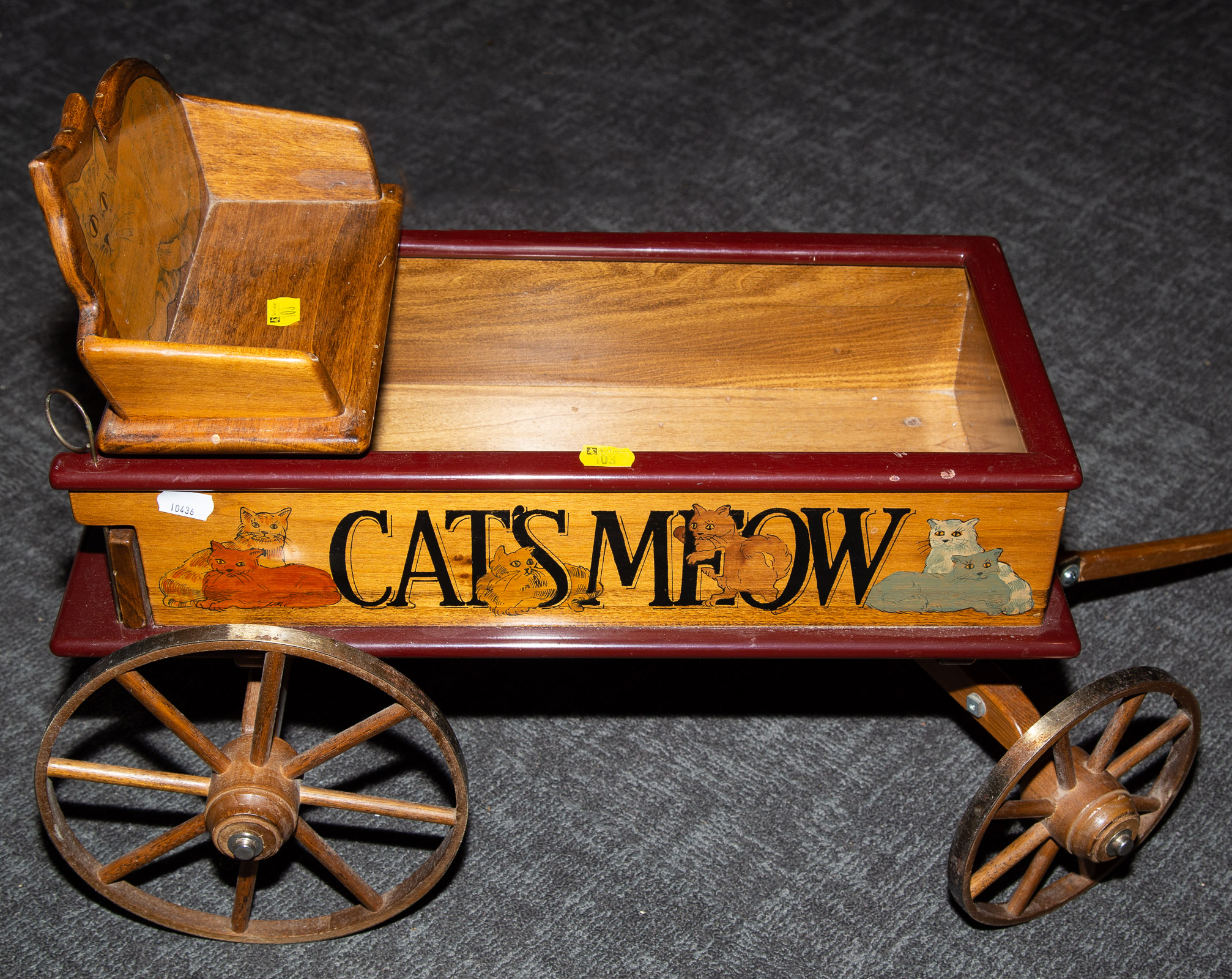 Appraisal: PRIMITIVE STYLE CATS MEOW WAGON Whimsical cat inspired pull toy