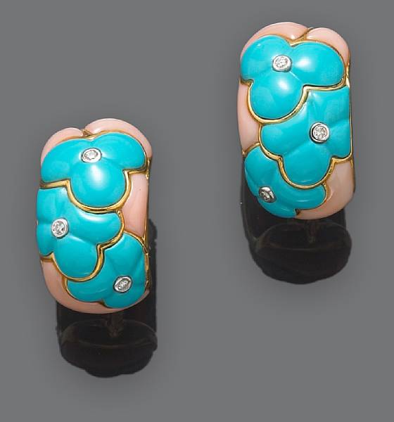 Appraisal: A pair of turquoise coral and diamond floral motif earclips