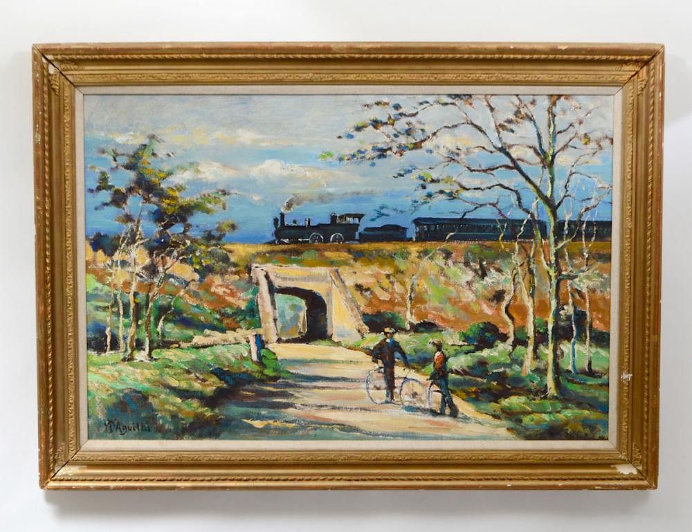 Appraisal: MICHAEL D'AGUILAR English - Landscape with Figures and Train Signed