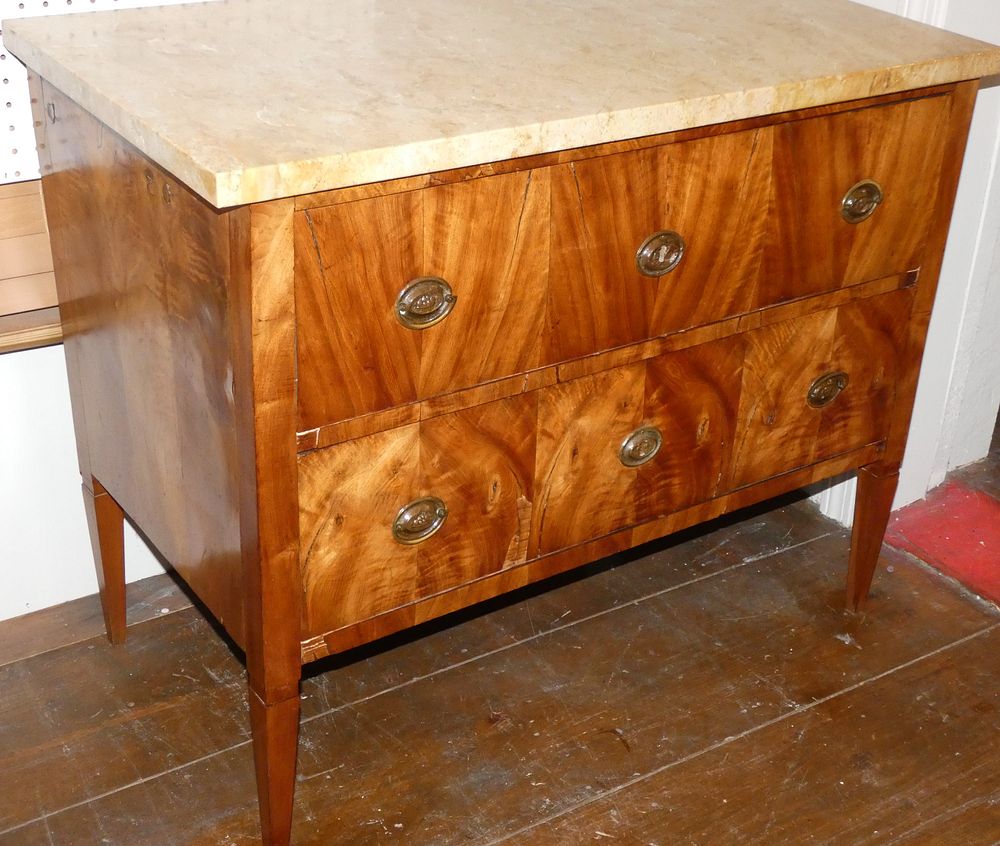 Appraisal: BIEDERMEIER MARBLE TOP CHEST Antique Biedermeier walnut veneer drawer chest