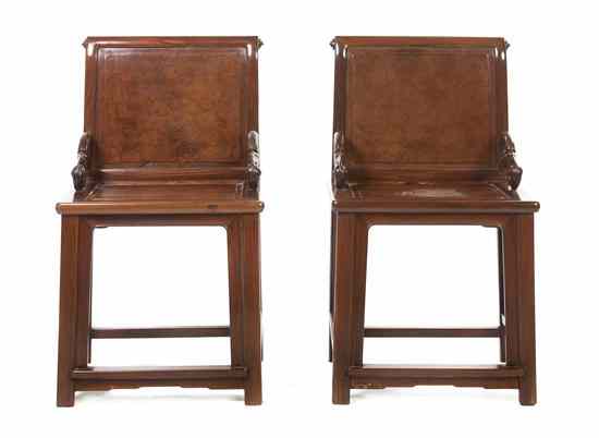 Appraisal: A Pair of Chinese Hardwood Side Chairs having rectangular burlwood