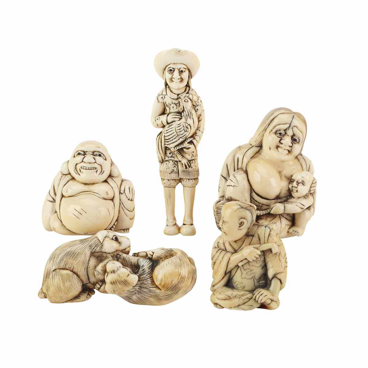 Appraisal: Five Ivory Carved Netsukes Includes a nursing mother a Dutchman