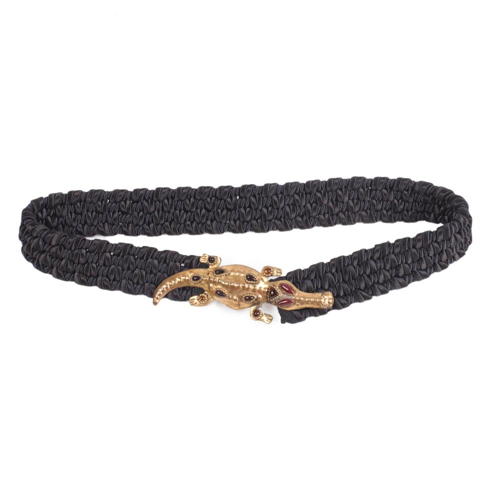 Appraisal: ISABEL CANOVAS WOVEN BLACK SATIN BELT WITH BEJEWELED BRASS FIGURAL