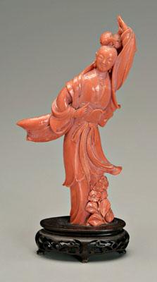 Appraisal: Chinese carved coral figure smiling lady performing a dance a