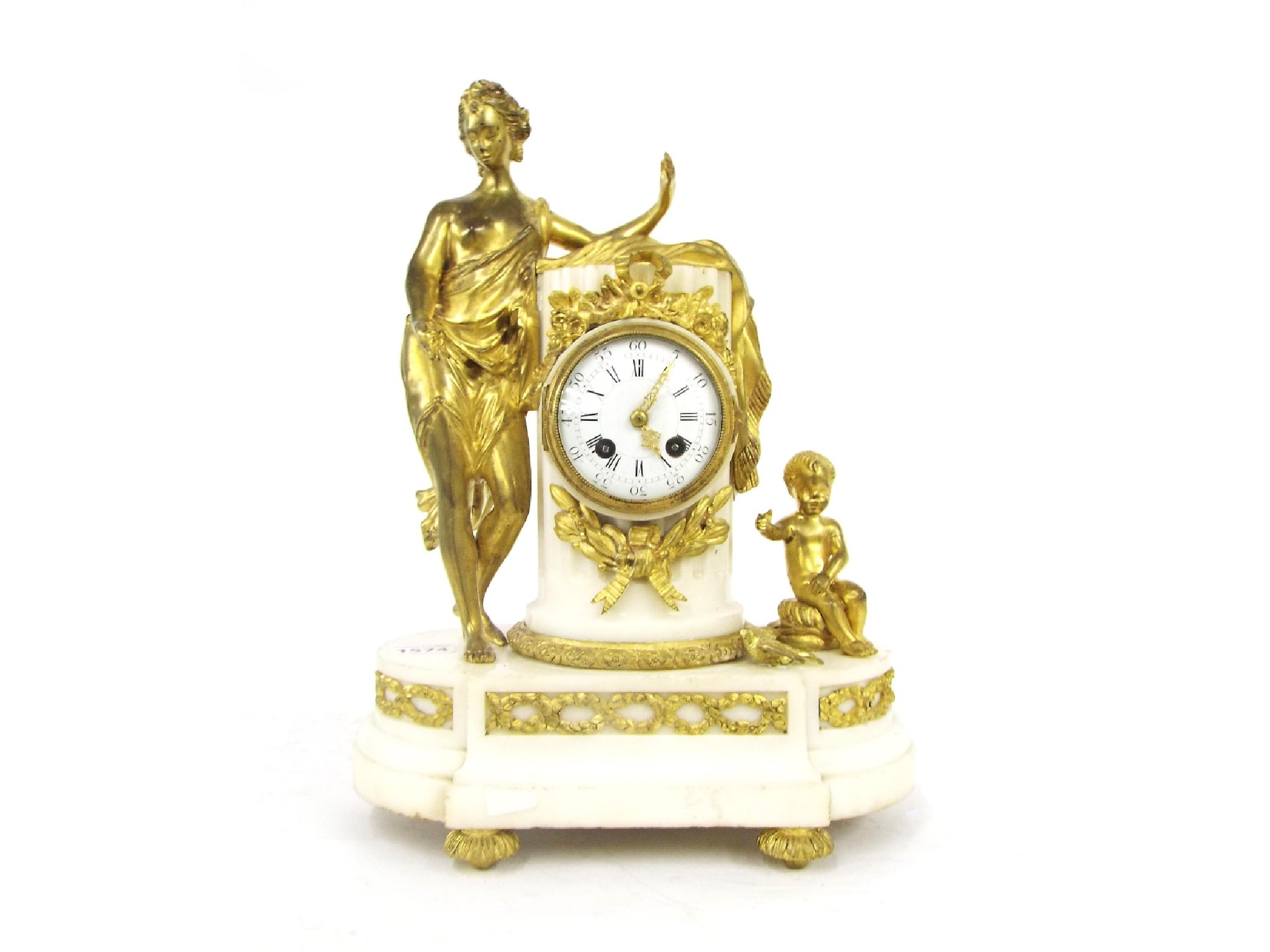 Appraisal: White marble and ormolu figural two train mantel clock the