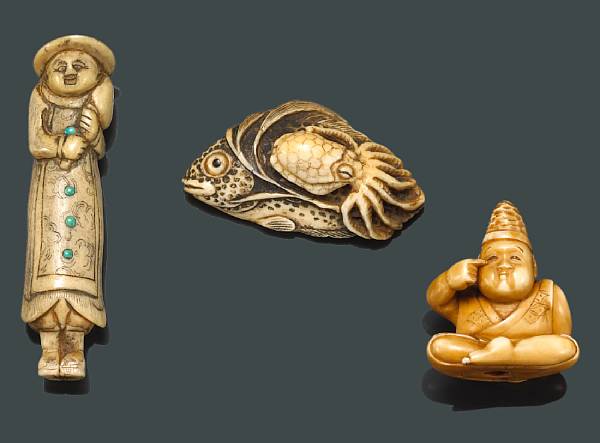 Appraisal: A group of four netsuke Including an ivory carving of