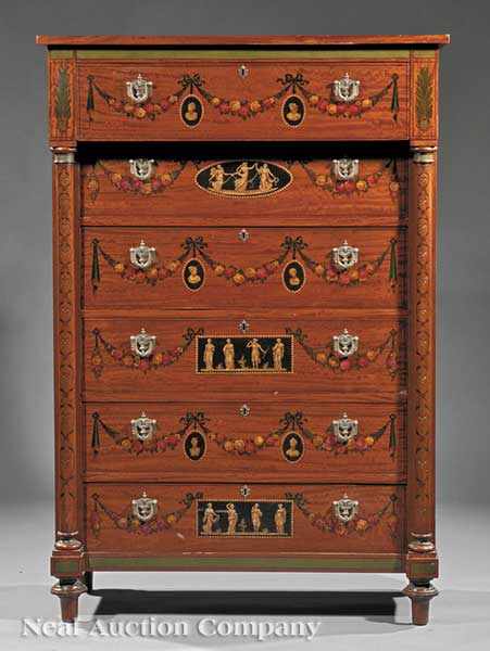 Appraisal: An English Paint-Decorated Mahogany Tall Chest of Drawers late th