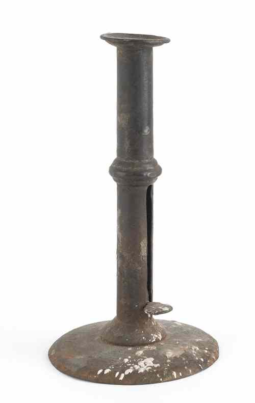 Appraisal: Wrought iron push up hogscraper candlestick th c h