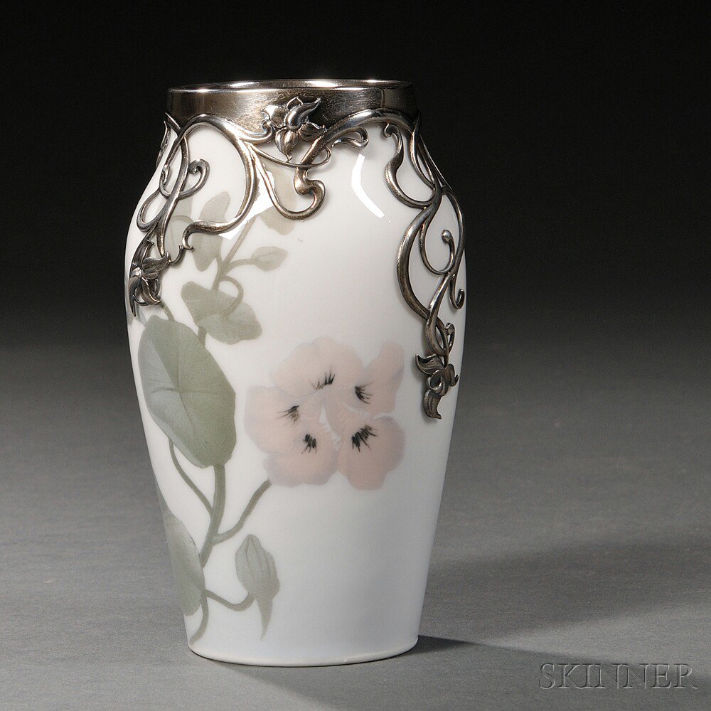 Appraisal: Royal Copenhagen Sterling Silver-mounted Porcelain Vase Denmark c decorated with