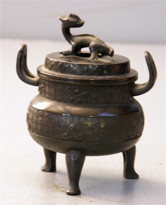 Appraisal: th th century Chinese bronze miniature twin-handled tripod censer and