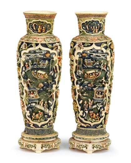 Appraisal: Fine pair of Chinese polychrome decorated elephant ivory vases and