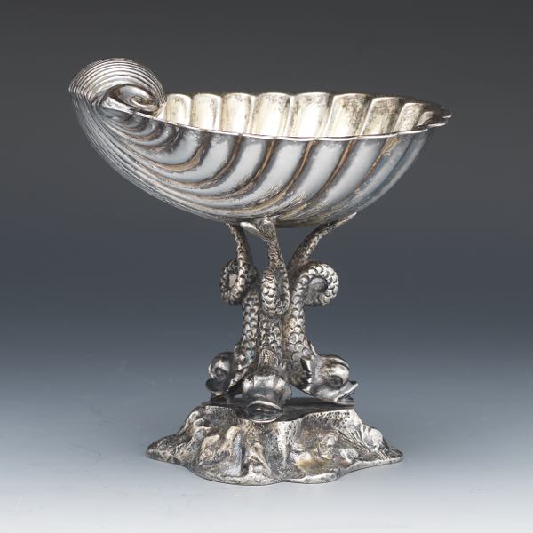 Appraisal: CONTINENTAL SILVERPLATE SHELL AND DOLPHIN BONBON BOWL x - x