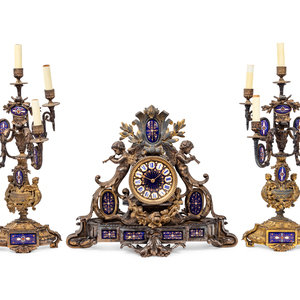 Appraisal: A Napoleon III Gilt Bronze and Enamel Clock Garniture Philippe