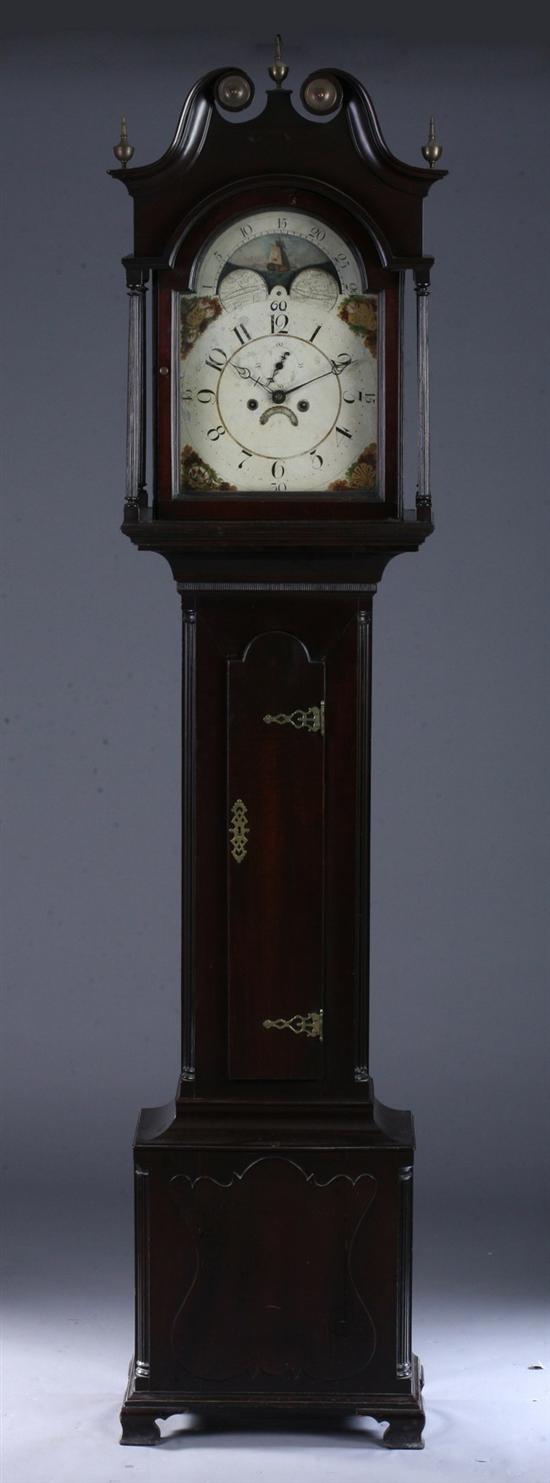 Appraisal: CHIPPENDALE-STYLE MAHOGANY TALL-CASE CLOCK Circa th century With painted enamel