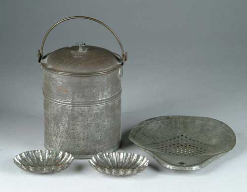 Appraisal: FOUR PIECES OF TINWARE Shaker style covered tin pail two